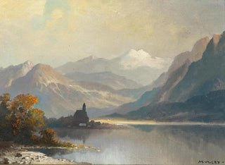 Oskar Mulley - A mountain lake with a chapel.webp
