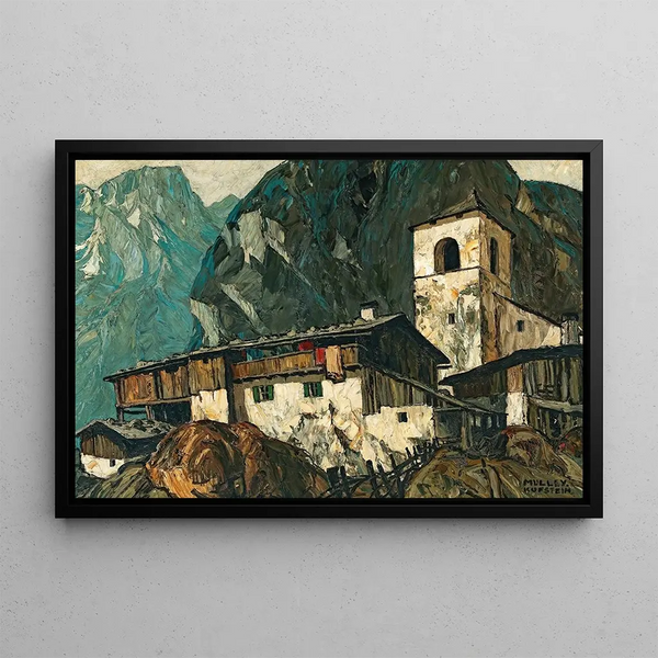 Kirche am Berg und Bauernhof - Oskar Mulley — gerahmtes Bild an der Wand