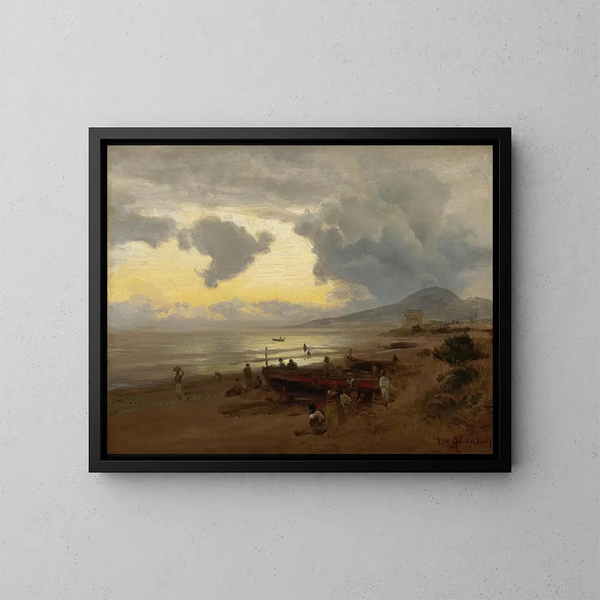 Sonnenuntergang am Ufer - Oswald Achenbach — gerahmtes Bild an der Wand