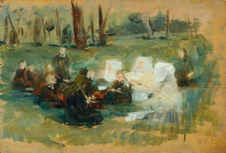 Otto Friedrich - Kindergruppe mit drei weigekleideten Nonnen und einem Geistlichen auf einer Waldwiese in der Sonne.webp