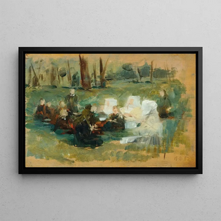 Otto Friedrich - Kindergruppe mit drei weigekleideten Nonnen und einem Geistlichen auf einer Waldwiese in der Sonne.webp
