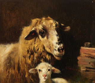 Otto Gebler - Mutterschaf mit Lamm im Stall.webp