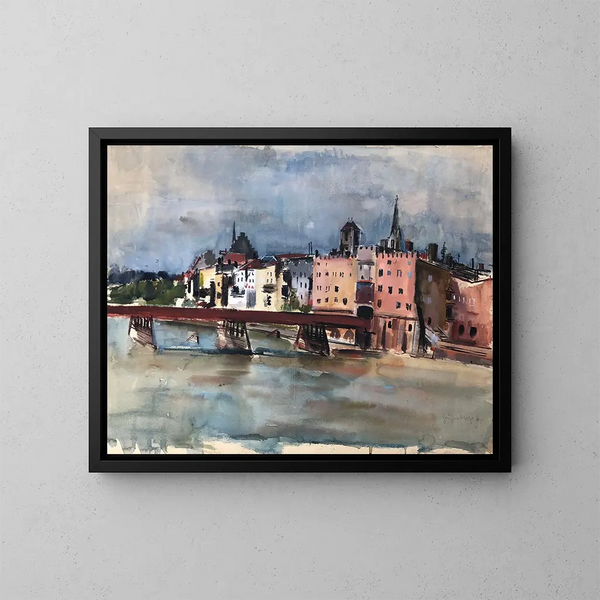 Front de la Wasserburg am Inn avec le pont de l'Inn - Otto Geigenberger — gerahmtes Bild an der Wand