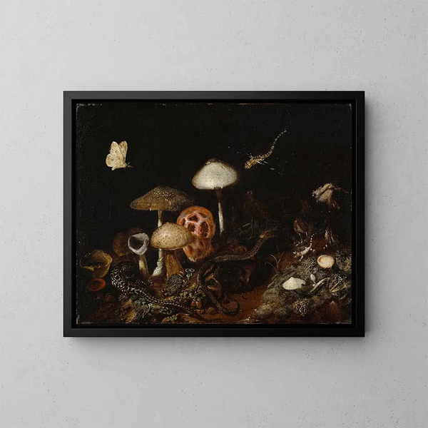 Reptilien, Pilze und Schmetterlinge - Otto Marseus van Schrieck — gerahmtes Bild an der Wand