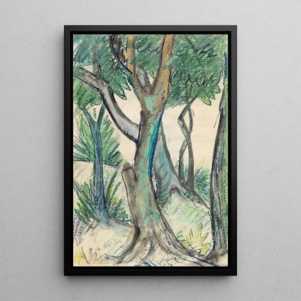 Landschaft mit Bäumen im Vordergrund - Otto Mueller — gerahmtes Bild an der Wand