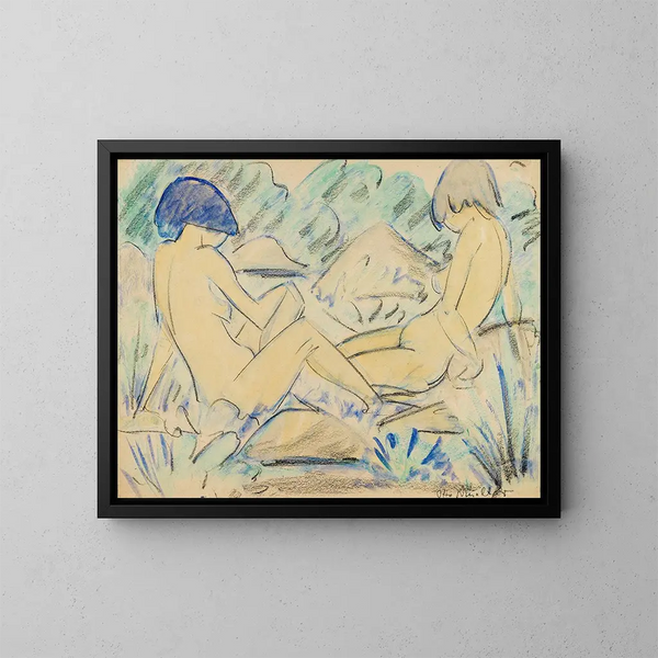 Zwei nackte Mädchen, zwei nackt sitzend - Otto Mueller — gerahmtes Bild an der Wand