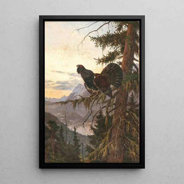 Großes Auerhahn-Gemälde beim Balz im Sonnenuntergang - Otto Recknagel — gerahmtes Bild an der Wand