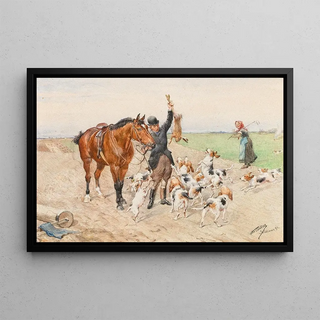 Ottokar Walter - A rider with a dog pack on a field.webp