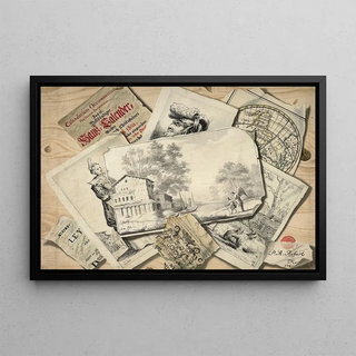 P A Robart - Trompe lil of a drawing figuring Tobias and the Angel and of etchings.webp