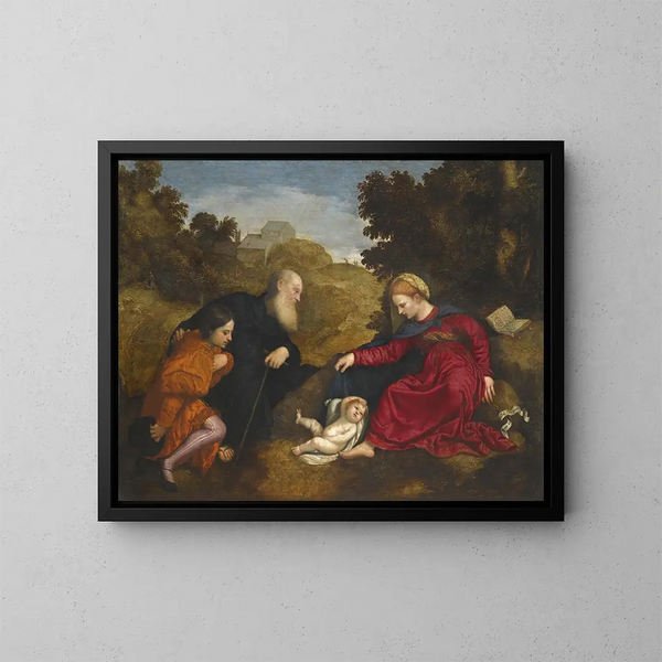 Jungfrau mit Kind mit heiligen Antonius von Padua und einem jungen Spender - Paris Bordone — gerahmtes Bild an der Wand