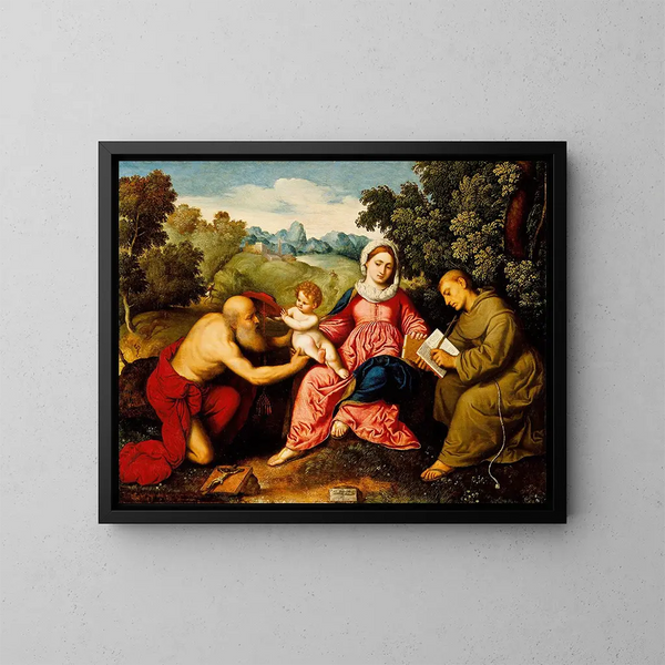 Jungfrau mit Kind mit den Heiligen Hieronymus und Franziskus - Paris Bordone — gerahmtes Bild an der Wand