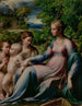 Madonna mit Kind und Heiligen von Parmigianino — heilige Gruppe in bewaldeter Landschaft