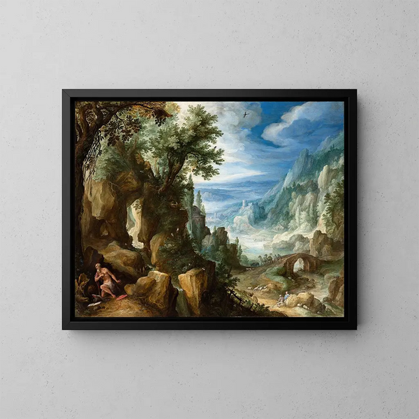 Landschaft mit Bergen und Sankt Hieronymus - Paul Bril — gerahmtes Bild an der Wand