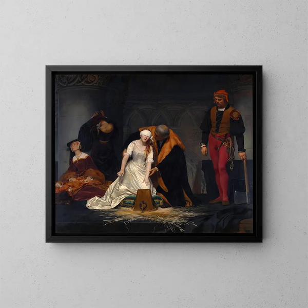 L'exécution de Lady Jane Grey à la Tour de Londres en 1554 - Paul Delaroche — gerahmtes Bild an der Wand