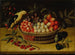 Naturstillleben mit Kirschen, Pflaumen, Himbeeren und anderen Früchten in einem Korb mit einem gelben Vogel - Paul Dorival — Ansicht des Kunstwerks