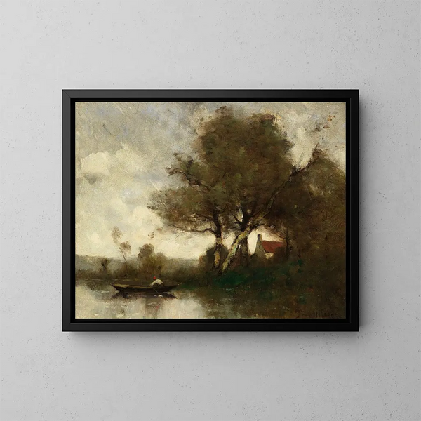 Flusslandschaft mit einem Haus und einem Mann in einem Boot - Paul Désiré Trouillebert — gerahmtes Bild an der Wand