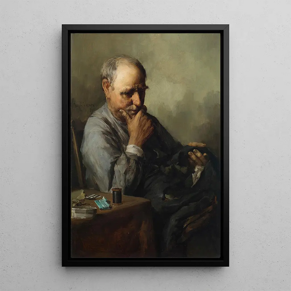E. Gemälde eines alten Mannes, der flickt - Paul E. Harney — gerahmtes Bild an der Wand
