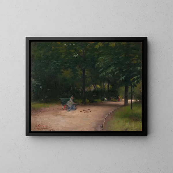 Füttern der Vögel im Park - Paul Peel — gerahmtes Bild an der Wand