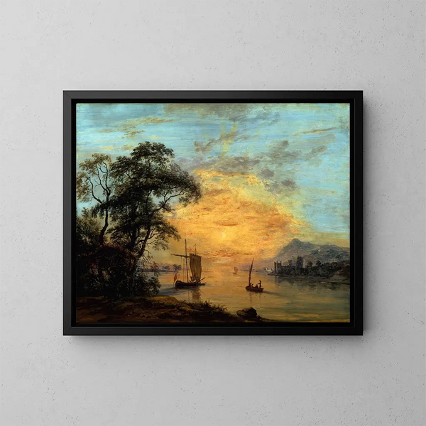 Ein Flusslandschaft bei Sonnenuntergang in Wales - Paul Sandby — gerahmtes Bild an der Wand