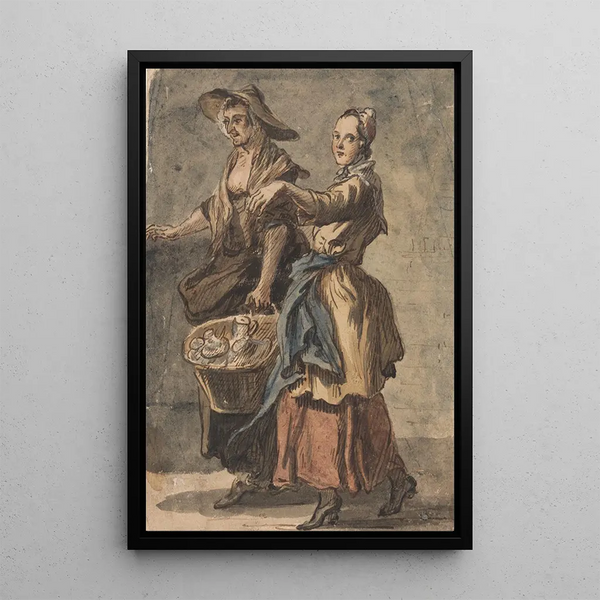 Zwei Frauen, die einen Korb halten - Paul Sandby — gerahmtes Bild an der Wand