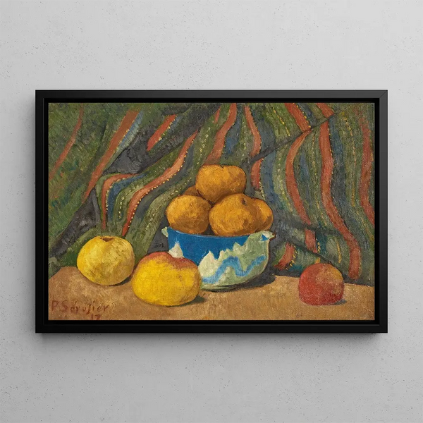 Stillleben mit Äpfeln vor gestreiftem Wandteppich-Hintergrund - Paul Sérusier — gerahmtes Bild an der Wand