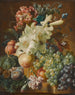 Naturstillleben mit Lilien, Mohnblumen, Pflaumen, Melonen und Trauben auf einem Sims mit Insekten - Paul Theodor van Brussel — Ansicht des Kunstwerks