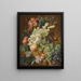 Naturstillleben mit Lilien, Mohnblumen, Pflaumen, Melonen und Trauben auf einem Sims mit Insekten - Paul Theodor van Brussel — gerahmtes Bild an der Wand