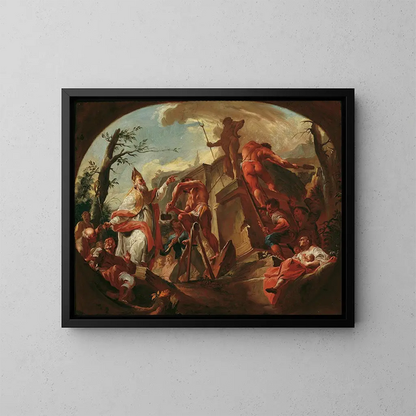 Der heilige Cassian von Imola stürzt die Statue des Pluto auf den Boden - Paul Troger — gerahmtes Bild an der Wand