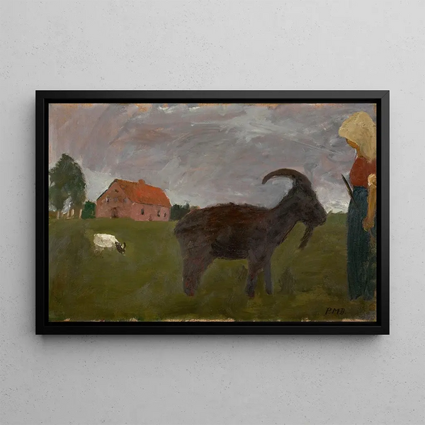 Bauernbild mit zwei Ziegen vor dem Bauernhof - Paula Modersohn-Becker — gerahmtes Bild an der Wand