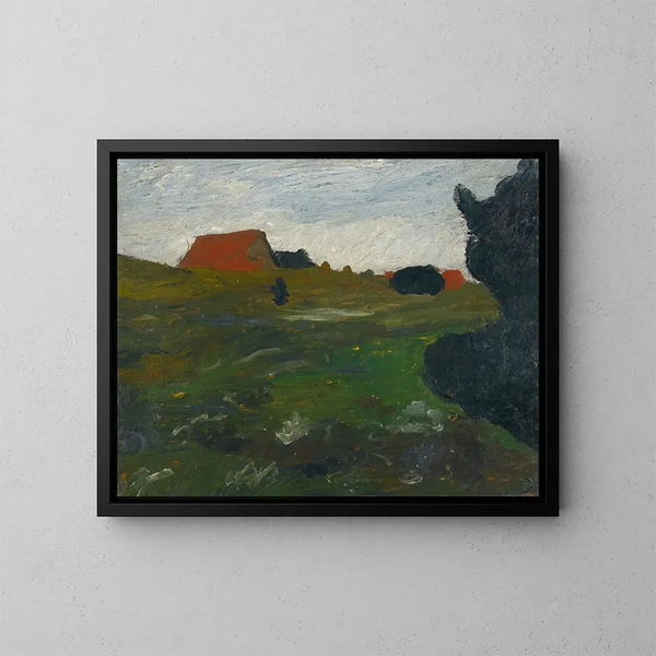 Landschaft mit Busch und roten Häusern - Paula Modersohn-Becker — gerahmtes Bild an der Wand