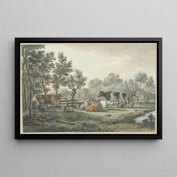 Prairie mit Kühen beim Melken - Paulus Constantijn la Fargue — gerahmtes Bild an der Wand