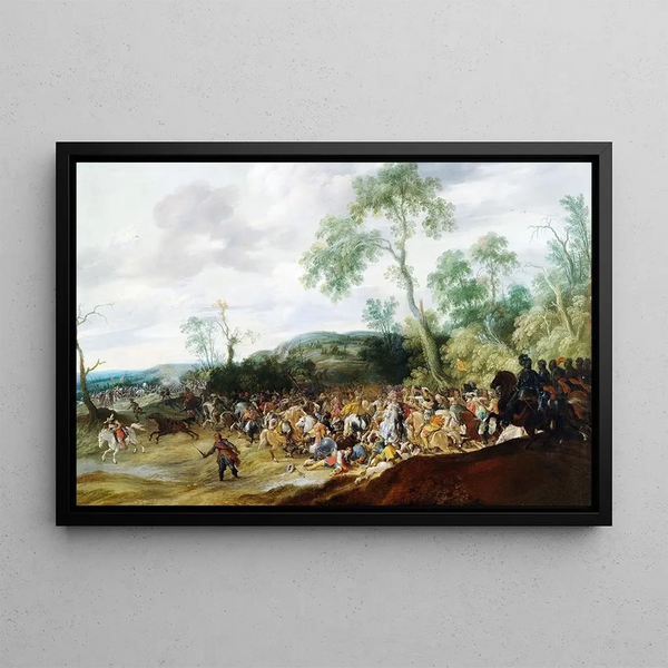Schlacht in einer hügeligen Landschaft - Pauwels van Hillegaert — gerahmtes Bild an der Wand