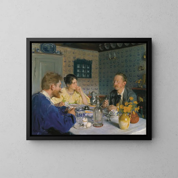 Ein kleines Frühstück, der Künstler, seine Frau und der Schriftsteller Otto Benzon - Peder Severin Krøyer — gerahmtes Bild an der Wand