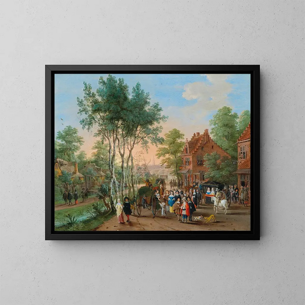 Reisende, die ein Dorf am Flussufer besuchen - Peeter Gijsels — gerahmtes Bild an der Wand