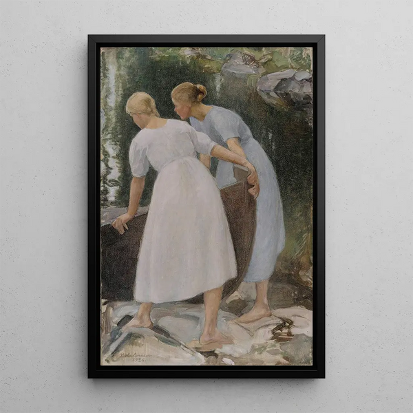 Mädchen, die ein Boot schieben - Pekka Halonen — gerahmtes Bild an der Wand