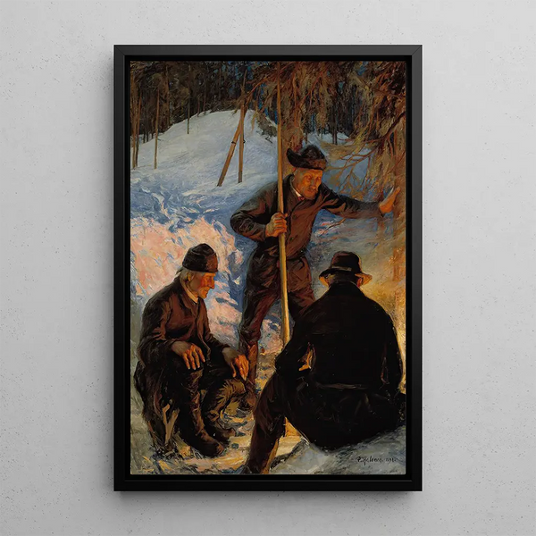 Holzfäller um ein Lagerfeuer - Pekka Halonen — gerahmtes Bild an der Wand