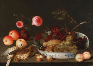 Peter Binoit - A fruit and flower still life with birds.webp