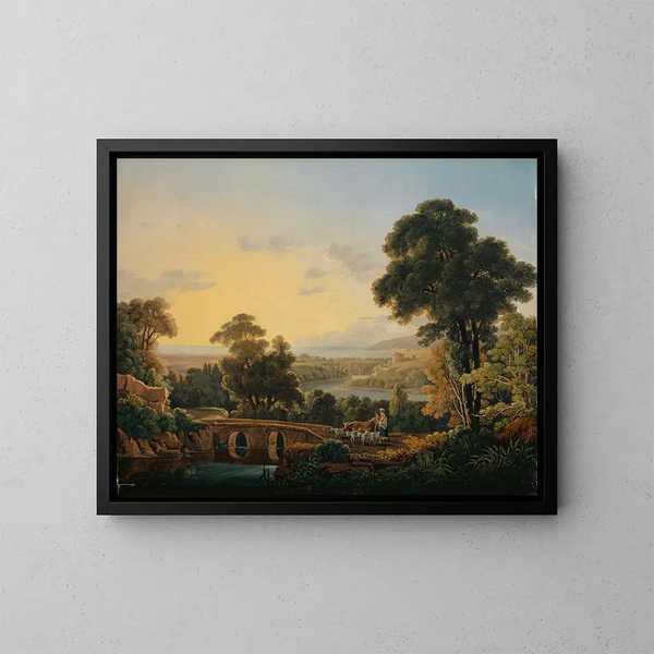 Landschaft mit Hügeln, Fluss und Brücke - Peter Birmann — gerahmtes Bild an der Wand