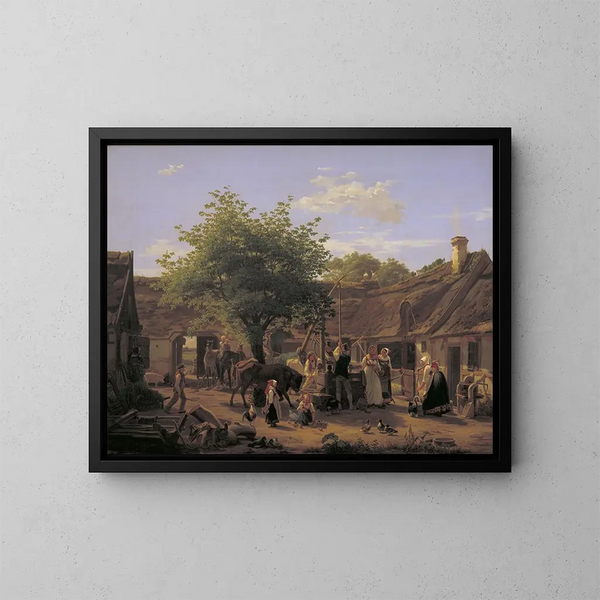 vom Leben auf einem Bauernhof auf Sjælland um Mittag - Peter Julius Larsen — gerahmtes Bild an der Wand