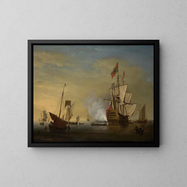 Szene im Hafen Ein englisches Schiff mit gespannten Segeln, das eine Kanone abfeuert - Peter Monamy — gerahmtes Bild an der Wand