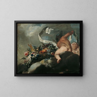 Peter Strudel - Zwei Putti mit Blumen Frchten und Spruchband.webp