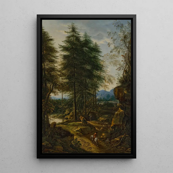 Landschaft mit Bergen und einem Reiter auf einer Straße - Peter von Bemmel — gerahmtes Bild an der Wand
