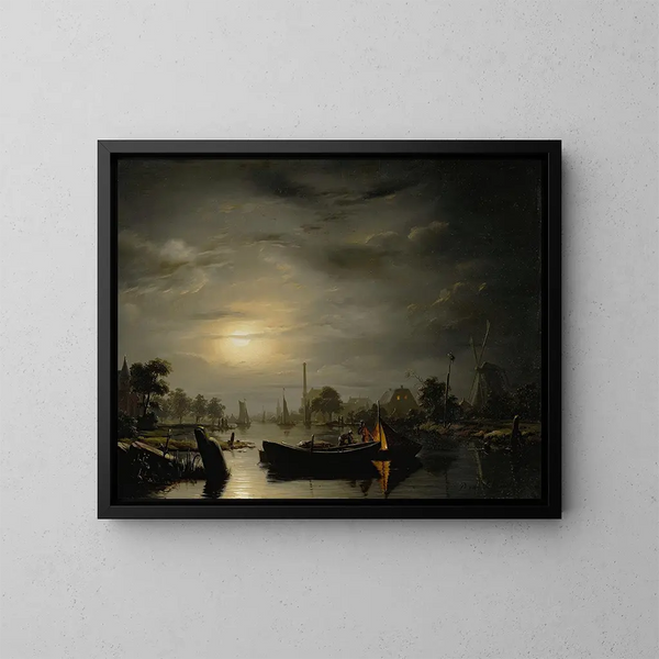 Ein Flusslandschaft im silbernen Mondschein - Petrus van Schendel — gerahmtes Bild an der Wand