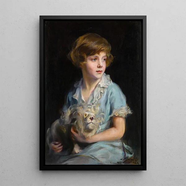 Portrait eines Kindes mit einem Löwen Steiff - Philip Alexius de László — gerahmtes Bild an der Wand