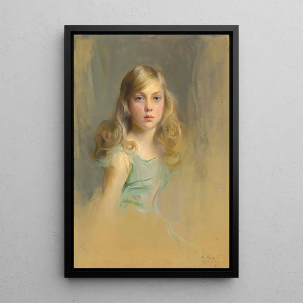 Portrait des ehrenwerten Esme Mary Gabrielle Harmsworth zukünftigen Countess Cromer im Alter von neun Jahren - Philip Alexius de László — gerahmtes Bild an der Wand
