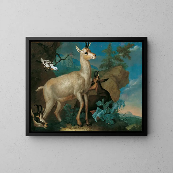 Drei Gämse und eine Drossel - Philipp Ferdinand de Hamilton — gerahmtes Bild an der Wand