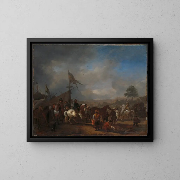 Eine Pferdemesse in der Nähe eines Militärlagers - Philips Wouwerman — gerahmtes Bild an der Wand