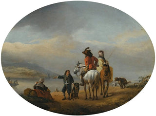 Eine Dame und ein Herr auf einem Pferd, gezeigt an einer Fähre, die von einem jungen Page näher kommt - Philips Wouwerman — Ansicht des Kunstwerks