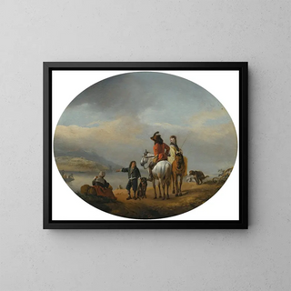 Eine Dame und ein Herr auf einem Pferd, gezeigt an einer Fähre, die von einem jungen Page näher kommt - Philips Wouwerman — gerahmtes Bild an der Wand