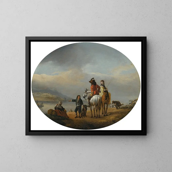 Eine Dame und ein Herr auf einem Pferd, gezeigt an einer Fähre, die von einem jungen Page näher kommt - Philips Wouwerman — gerahmtes Bild an der Wand